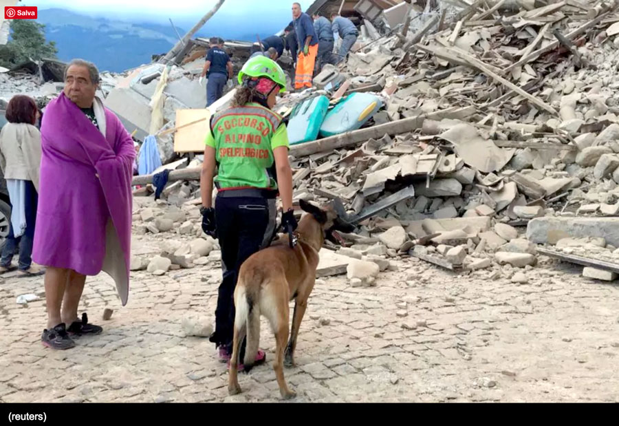 terremoto umbria - una soccorritrice con cane del soccorso speleologico