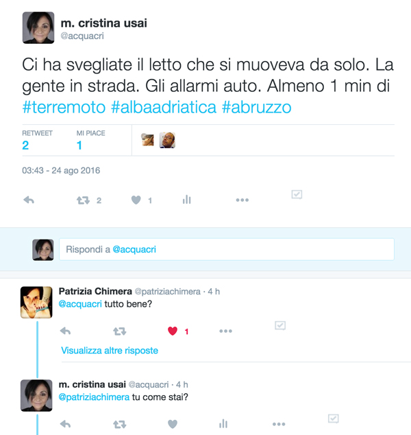 terremoto umbria il tweet: Ci ha svegliate il letto che si muoveva da solo. La gente in strada. Gli allarmi auto. Almeno 1 min di #terremoto #albaadriatica #abruzzo